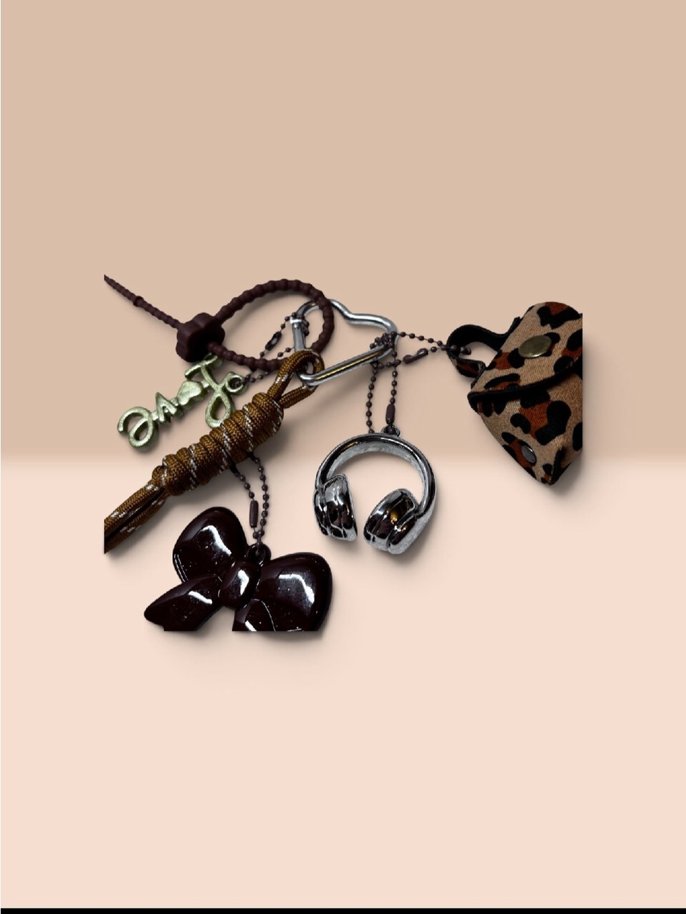 Leather and Metal Charm Keychain with Leopard Heart and Bow - Brown